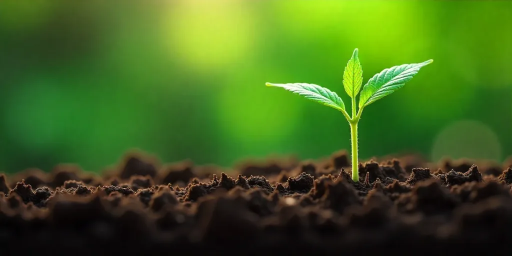 Early growth stage of Chocolope x Kush seedling in soil.