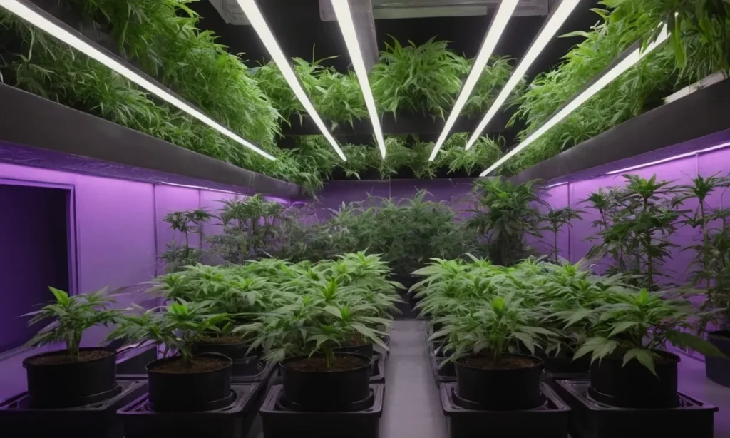 Grow Cinderella 99 x Tangilope thriving indoors in vegetative stage. LED lighting enhances healthy growth for this fruity and resilient hybrid strain.