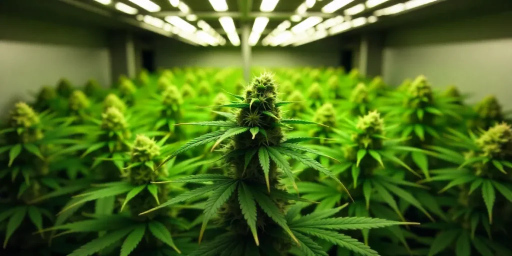 The vigorous growth of Colombian Jack indoors, with dense buds and lush foliage thriving under optimized LED lighting. 