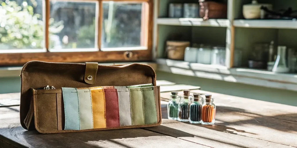 Close-up of an open vintage brown leather satchel revealing colorful leather swatches, beside small bottles.