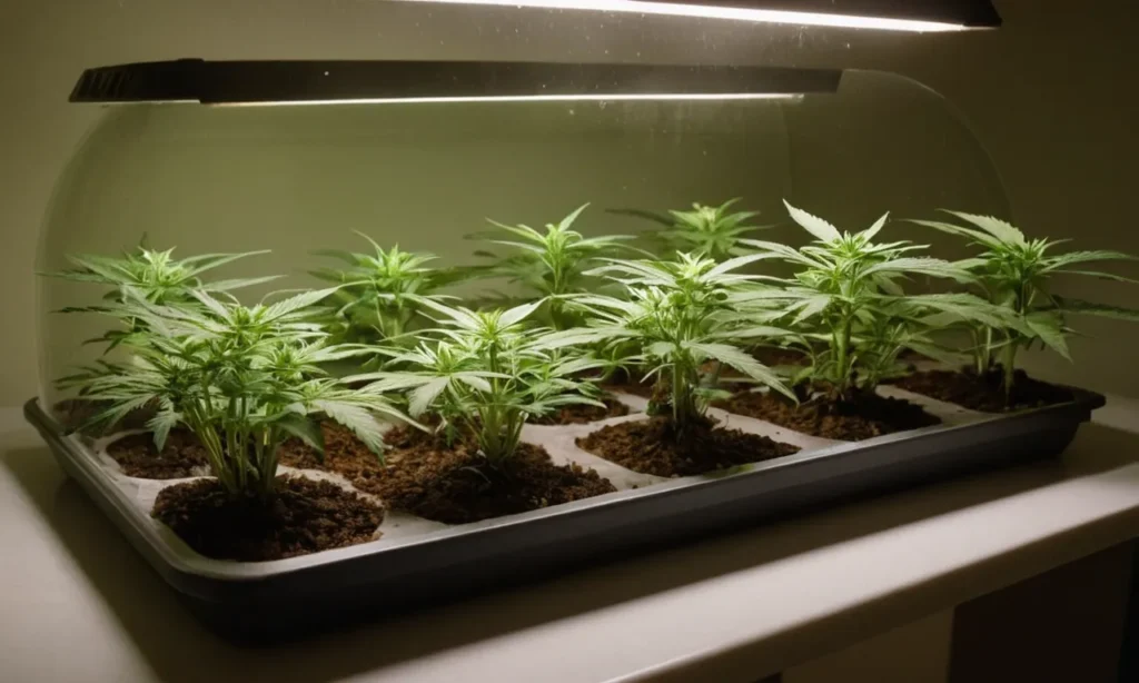 Cream Auto seedlings developing in a propagation tray with LED dome.