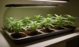 Cream Auto seedlings developing in a propagation tray with LED dome.