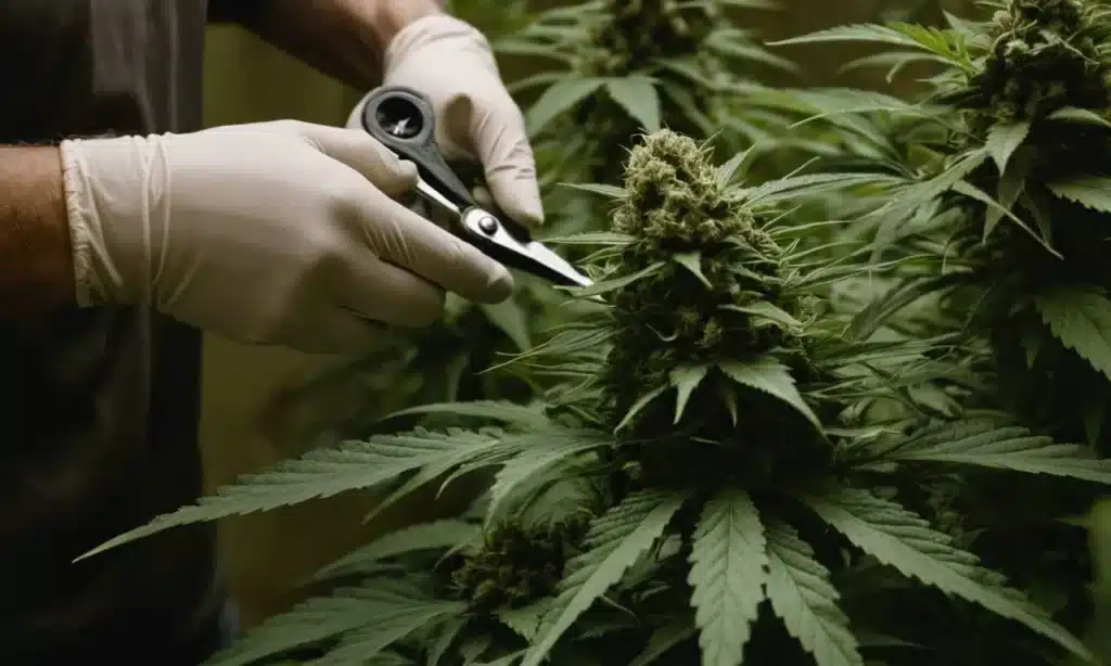 Trimming mature Critical 2.0 buds indoors.