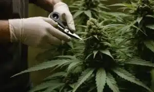 Trimming mature Critical 2.0 buds indoors.