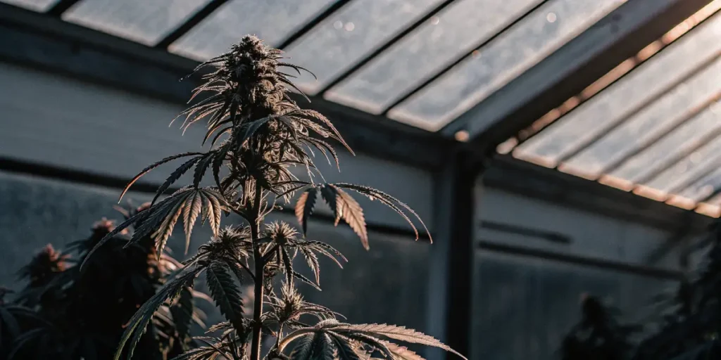 Close-up of a dark-toned cannabis plant with dense buds under subdued greenhouse light, showing stress.