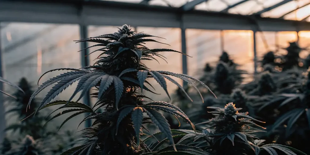 Dark cannabis plant with prominent buds in a greenhouse, soft evening light.