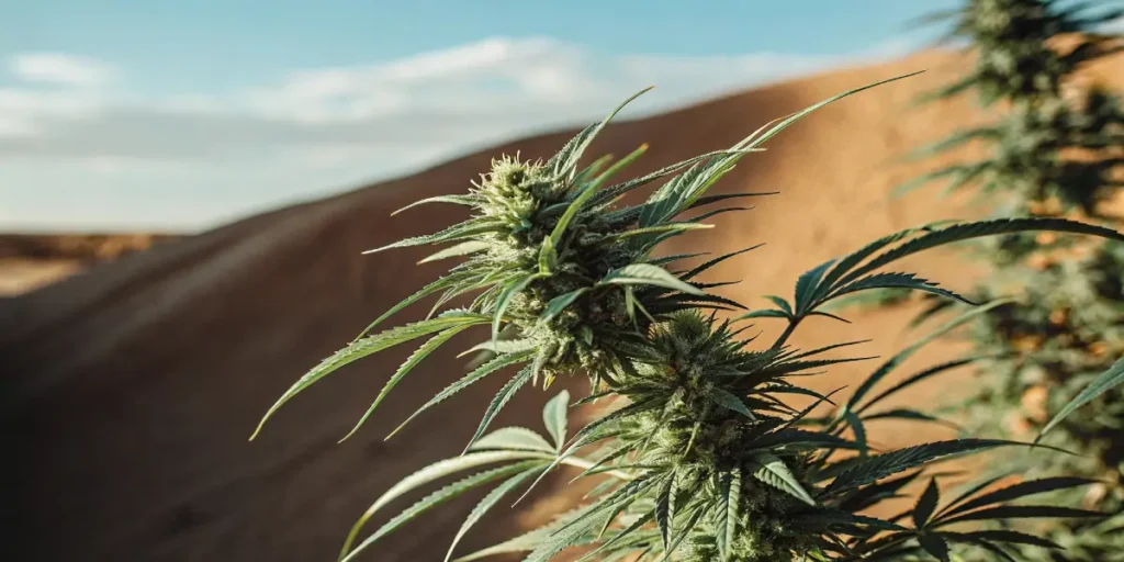 Close-up of a cannabis plant with dense, resinous buds against a blurred desert dune background.