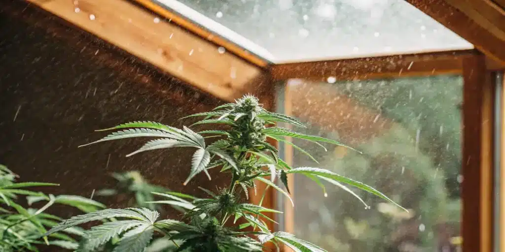 Close-up of a dewy cannabis leaf with water droplets, in a sunlit greenhouse.