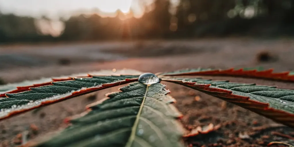 Macro photograph of a single water droplet on a cannabis leaf at sunrise, creating a serene and natural scene.