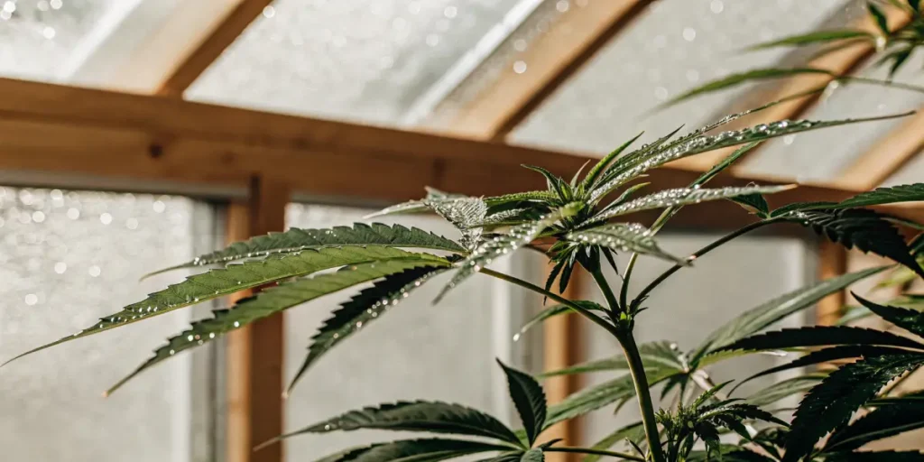 Close-up of healthy cannabis leaves covered in dew droplets, illuminated by sunlight in a greenhouse.