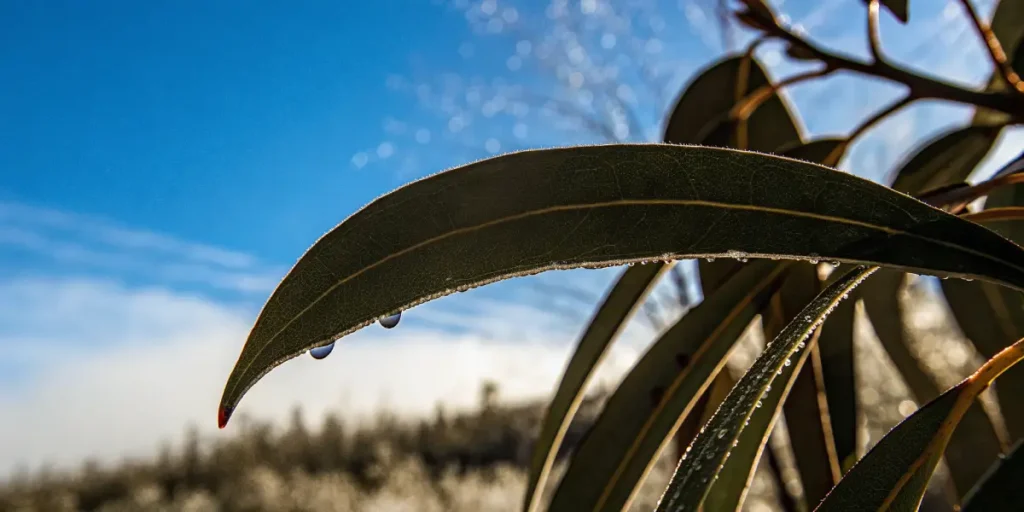 Detailed macro photograph of a dewy, crescent-shaped leaf with droplets hanging from its tip, against a bright blue sky.