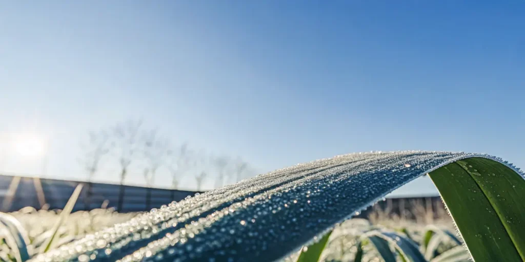 Macro photograph of a dew-covered leaf glistening in the morning sunlight, with a fence and clear blue sky in the background.