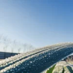 Macro photograph of a dew-covered leaf glistening in the morning sunlight, with a fence and clear blue sky in the background.