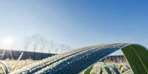 Macro photograph of a dew-covered leaf glistening in the morning sunlight, with a fence and clear blue sky in the background.
