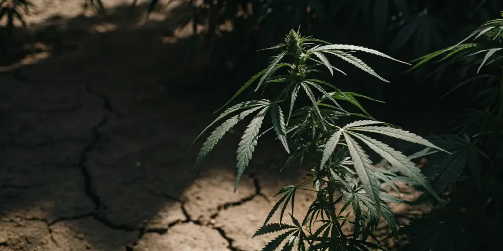 Close-up of a cannabis plant with dark green leaves and buds, growing on cracked, dry earth.