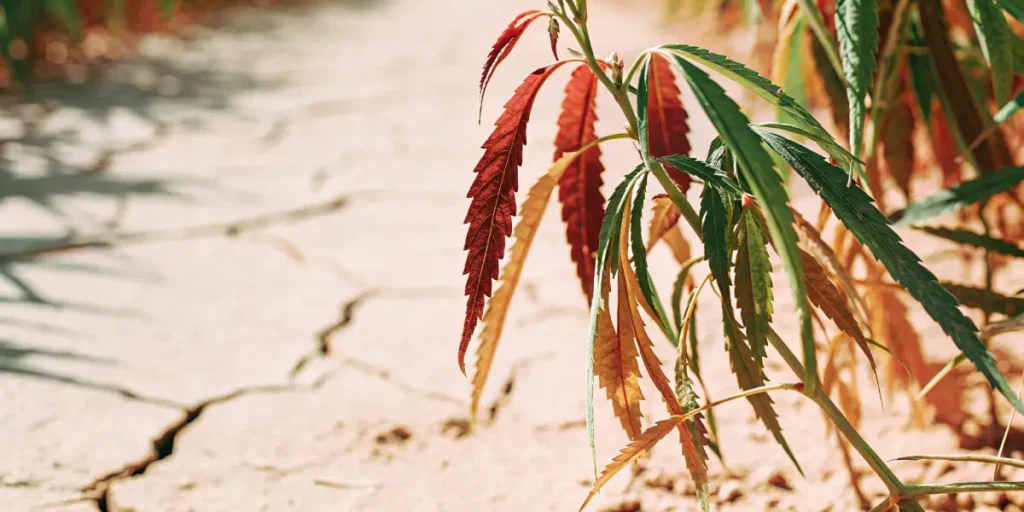 Close-up of a cannabis plant with reddish, wilting leaves on cracked, dry earth, showing drought.