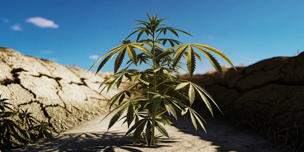 A green cannabis plant growing in dry, cracked soil under a blue sky, showing resilience.