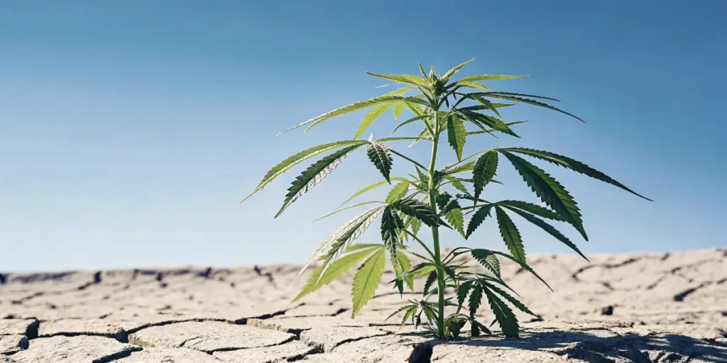Close-up of a vibrant green cannabis plant thriving in dry, cracked earth under a blue sky.