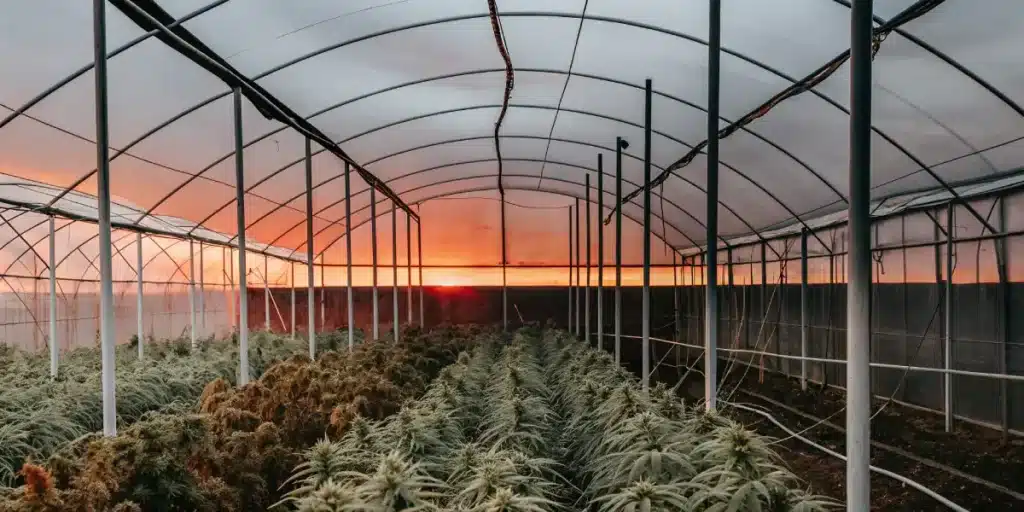 Cannabis plant with dry, discolored leaves standing in cracked, arid ground under bright sunlight.