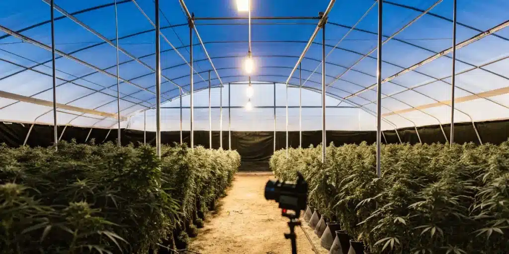 Wide angle view of a greenhouse at dusk with rows of cannabis plants.