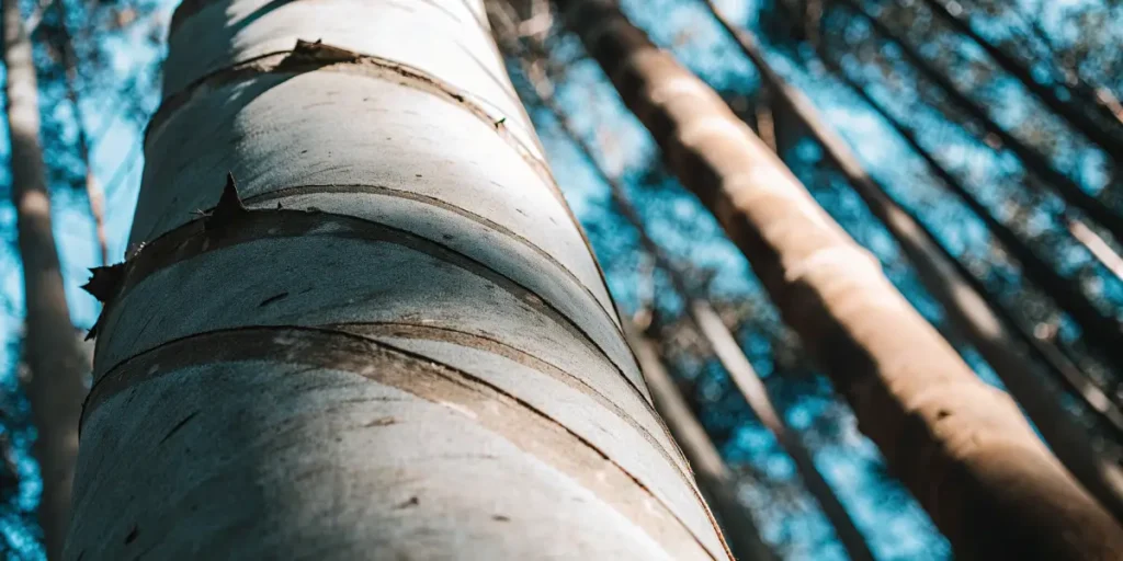 Close-up shot of a eucalyptus tree trunk with peeling, striped bark, viewed from below against a bright blue sky.