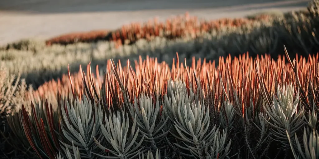 High-resolution image of a field of Euphorbia plants with red-tinged and silvery foliage, illuminated by golden light.