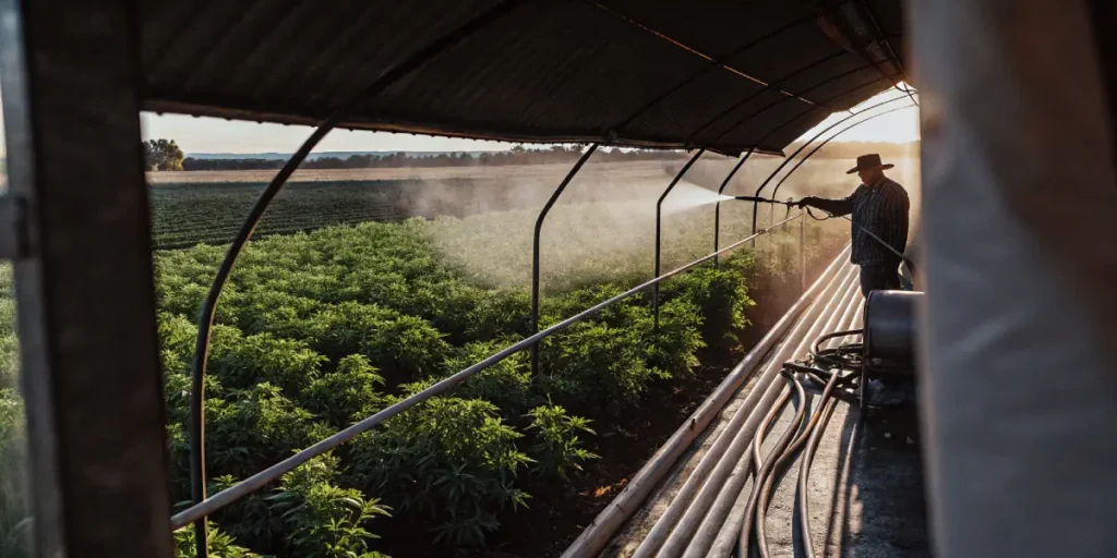 Farmer in hat spraying mist over rows of cannabis plants at sunrise.