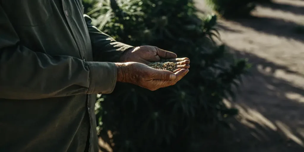 Close-up of a farmer's hands holding a handful of cannabis seeds, with blurred plants in background.