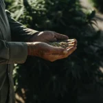 Close-up of a farmer's hands holding a handful of cannabis seeds, with blurred plants in background.
