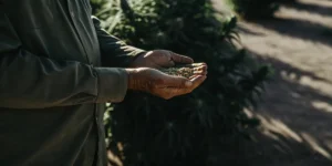 Close-up of a farmer's hands holding a handful of cannabis seeds, with blurred plants in background.