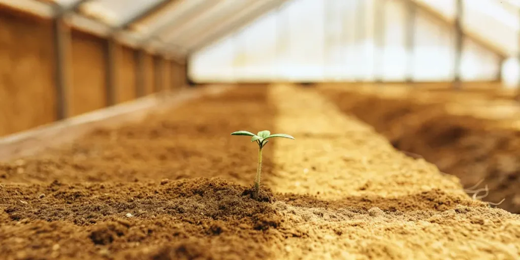 Close-up of a single feminized cannabis sprout with two small leaves, growing in a mound of brown soil in a greenhouse.