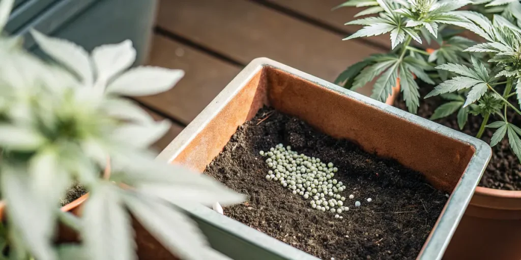 Overhead view of a pot with soil containing a small collection of round, light-colored fertilizer pellets, with a cannabis plant nearby.