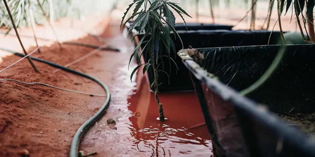 Close-up of a young cannabis plant in red-tinged floodwater between grow beds, with a hose.