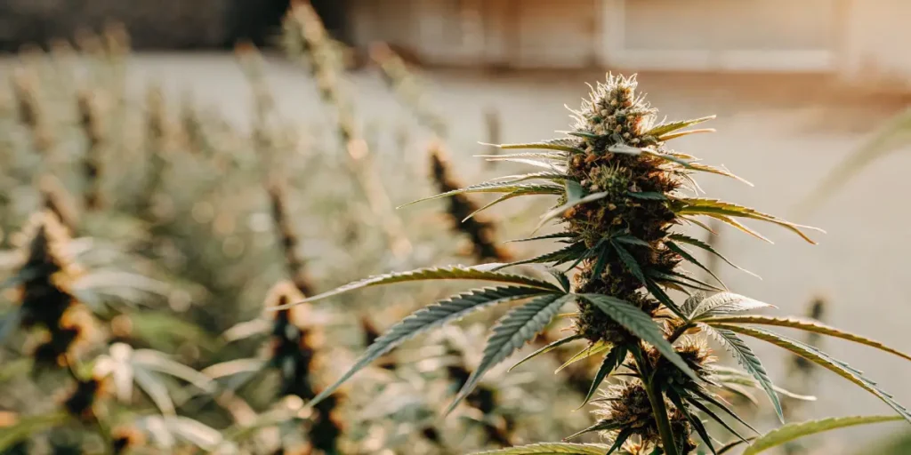 Macro photograph of a cannabis plant in the flowering stage, with dense buds and leaves, bathed in warm sunlight.