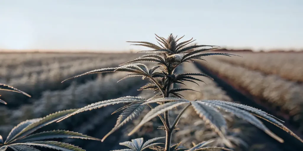 Overhead view of a cannabis field at dawn with frosted plants, illuminated by soft sunlight.