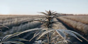 Overhead view of a cannabis field at dawn with frosted plants, illuminated by soft sunlight.