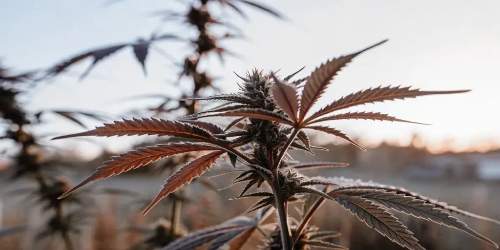 Macro photograph of a cannabis plant with prominent buds and reddish leaves covered in frost or dew, backlit by a bright sunset.