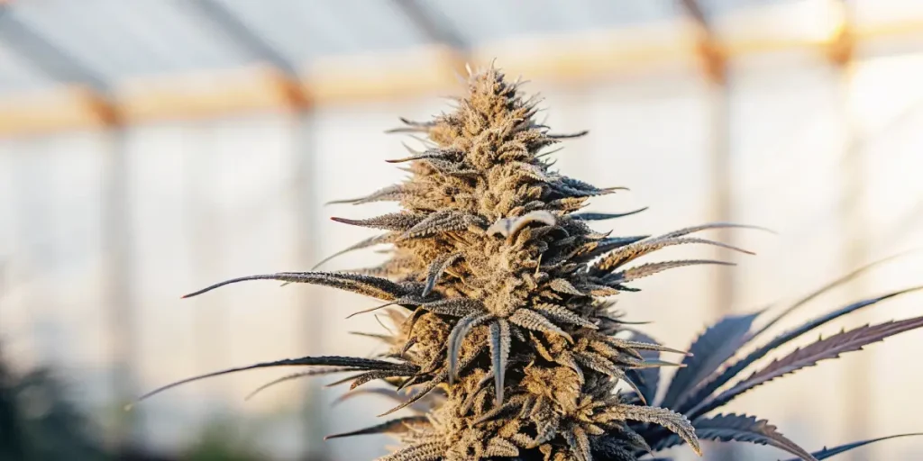 Close-up of a dense, frosty cannabis bud with purple-tinged leaves in a greenhouse.  
