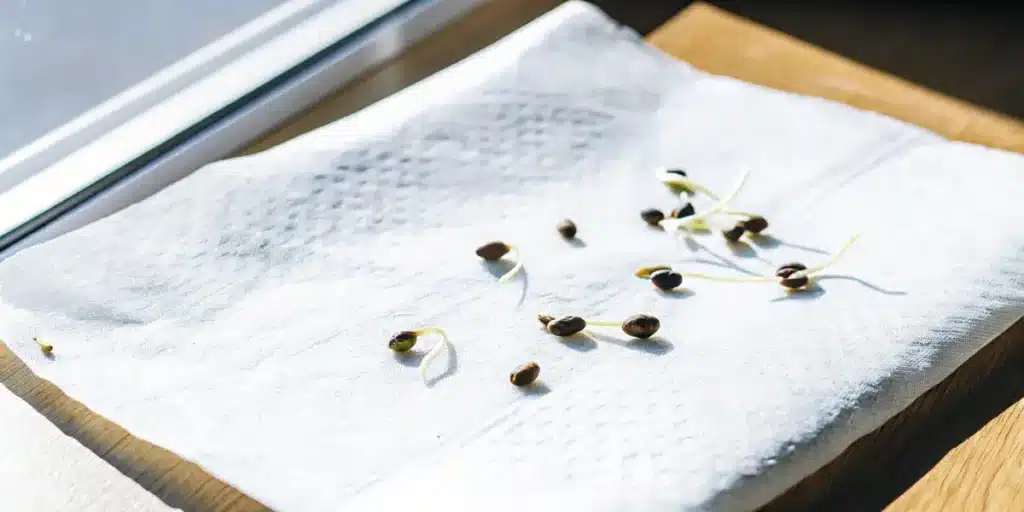 Cannabis seeds germinating on a white paper towel, some with small sprouts.
