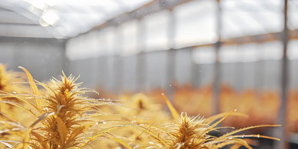 Close-up of golden-hued cannabis plants with glistening dewdrops in a sunlit greenhouse.