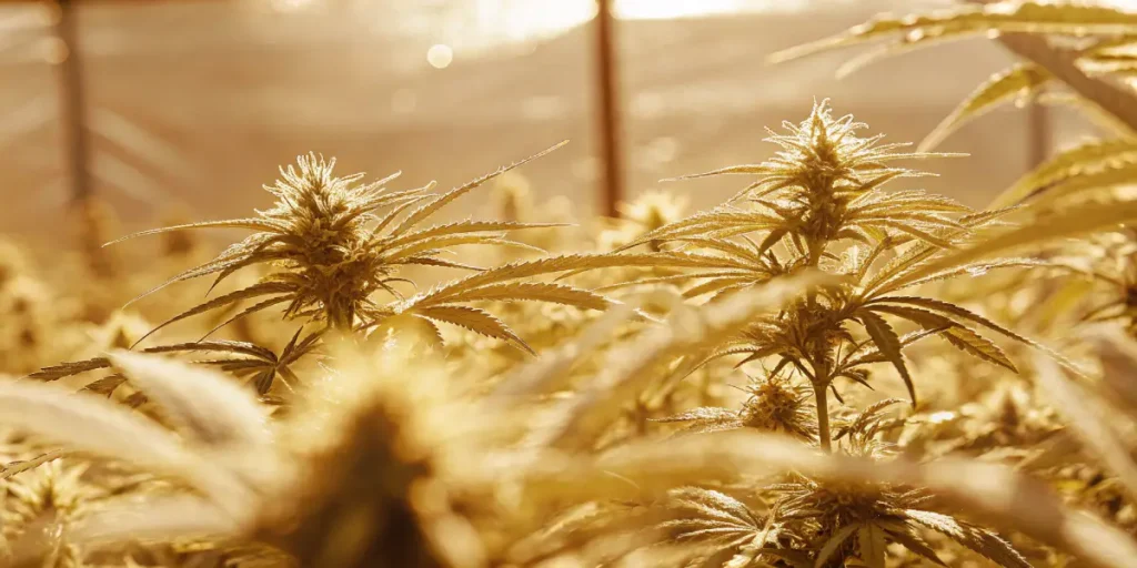 Close-up shot of dense cannabis buds and leaves in a field with a golden glow from the setting sun, with visible dew drops.