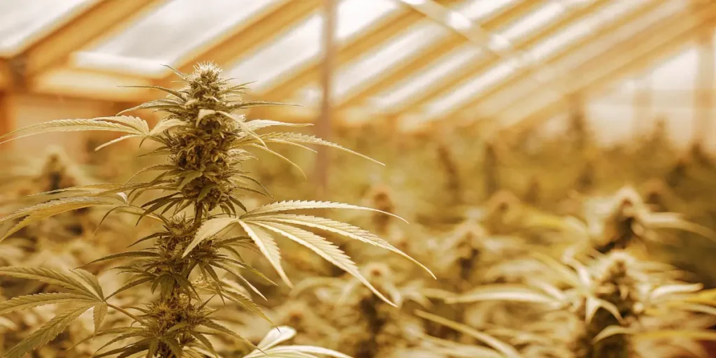 Close-up of a lush cannabis plant with a dense, golden-hued bud and leaves, in a sunlit greenhouse.