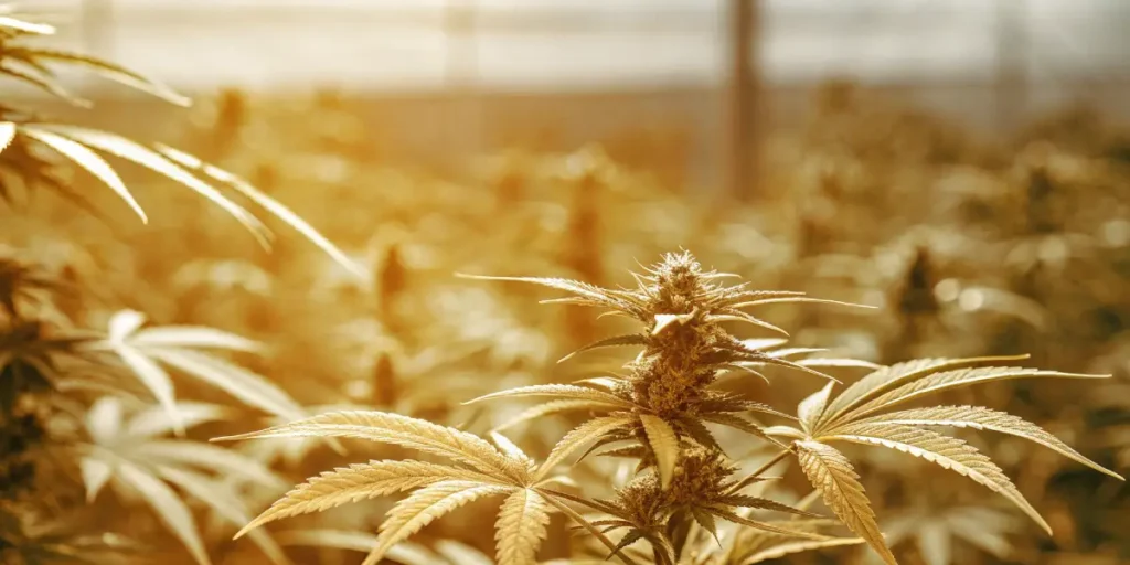 Close-up of a golden-hued cannabis plant with a dense bud, bathed in a warm light, in a high-tech greenhouse.
