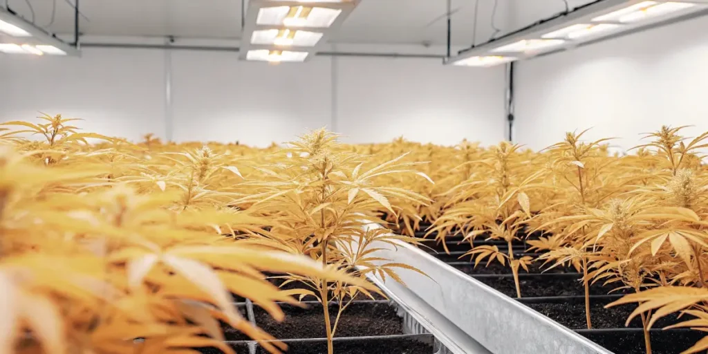 Indoor cannabis cultivation room filled with rows of golden-hued plants under bright grow lights.