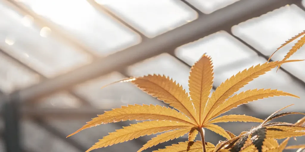Close-up of a golden-hued cannabis leaf, illuminated by sunlight filtering through a greenhouse roof.