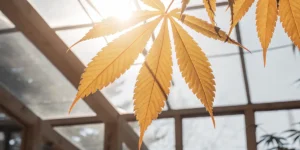 Close-up of a golden-hued cannabis leaf backlit by bright sunlight in a greenhouse.