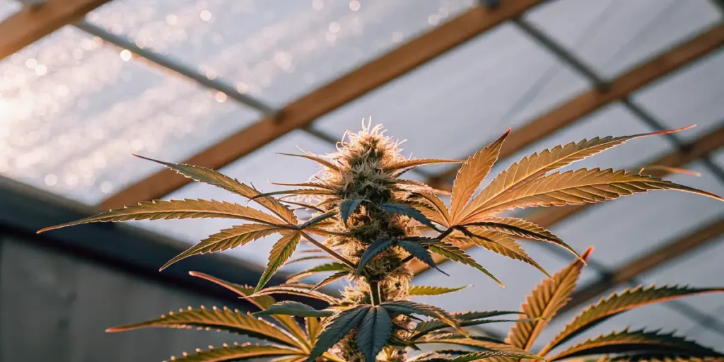 Close-up of a lush cannabis plant with buds and golden-hued leaves under sunlit greenhouse panels.
