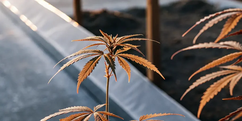 Macro photograph of a cannabis plant with prominent golden-hued leaves, backlit by sunlight, with a greenhouse wall in the background.
