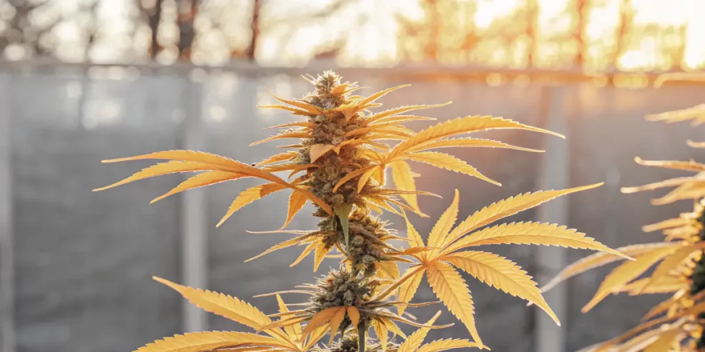 Close-up of a lush, healthy cannabis plant with prominent buds and golden-hued leaves, backlit by warm sunlight.