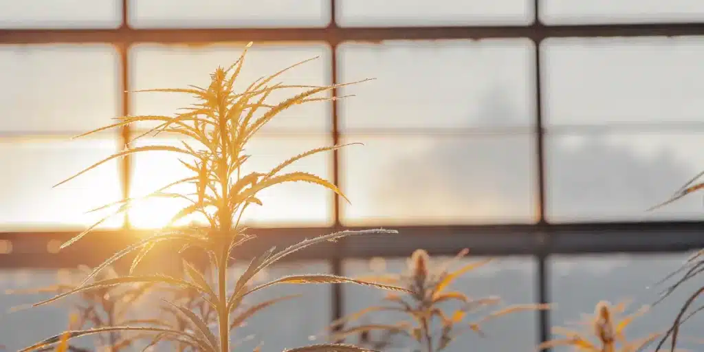Macro shot of a dew-covered cannabis plant with golden leaves, backlit by a sunrise through a greenhouse window.